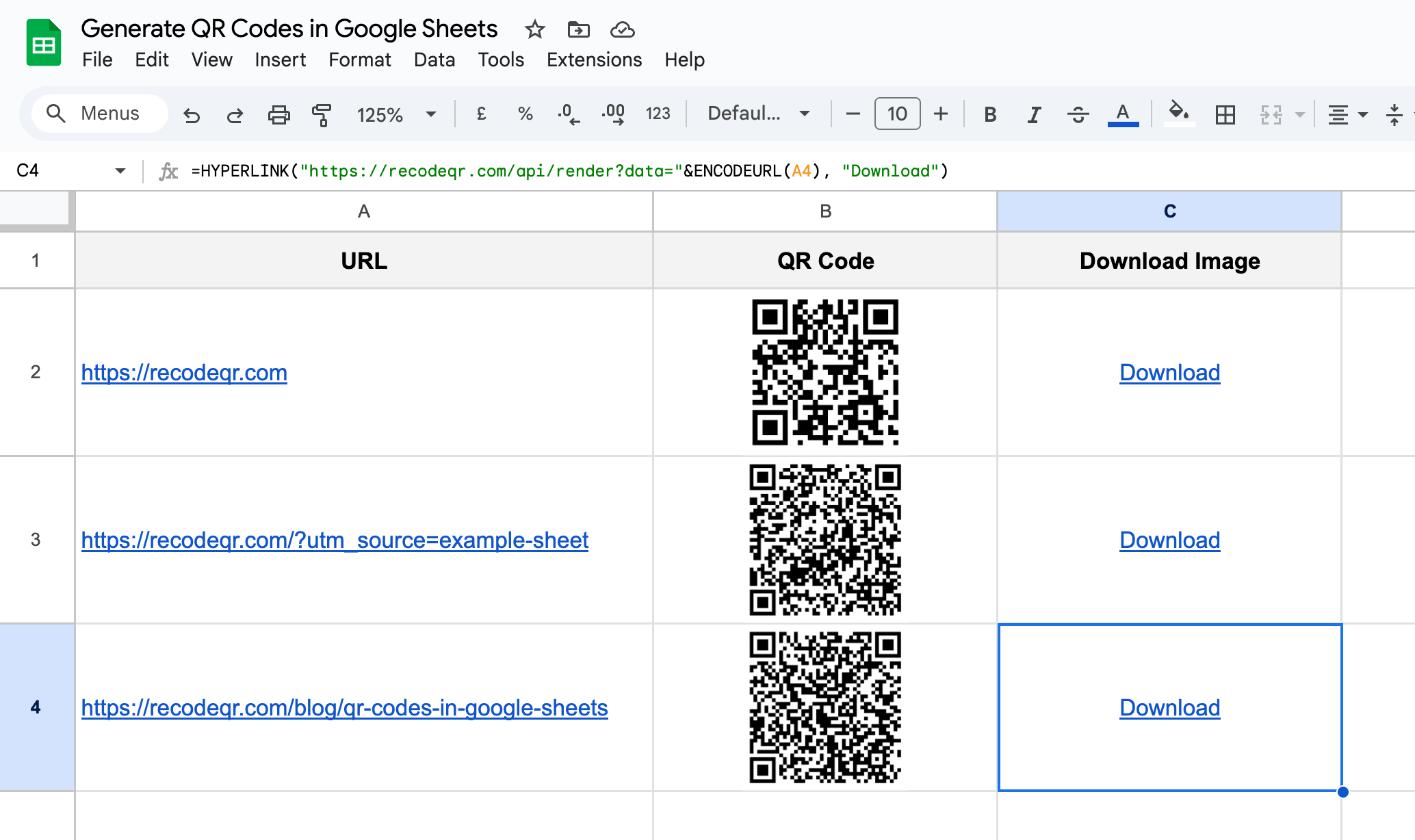 Google Sheets with downloadable QR codes